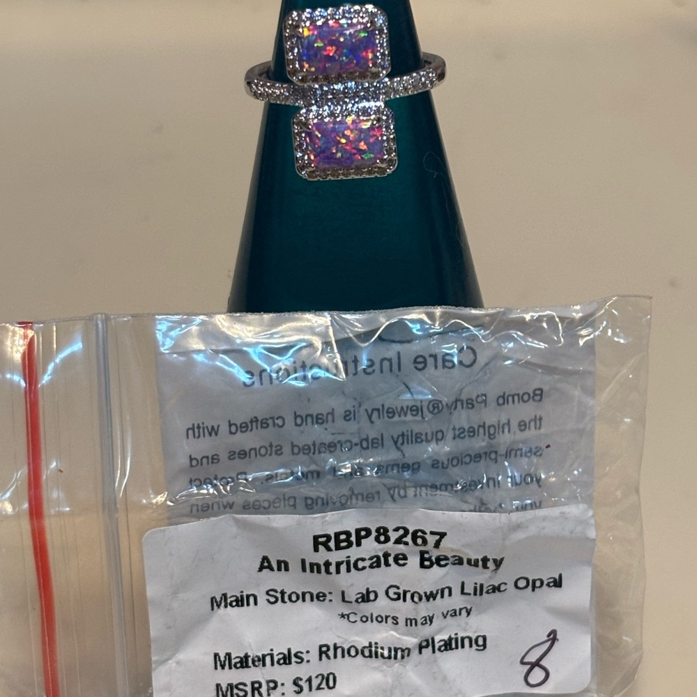 Lab Grown Lilac Opal Ring with Rhodium Plating